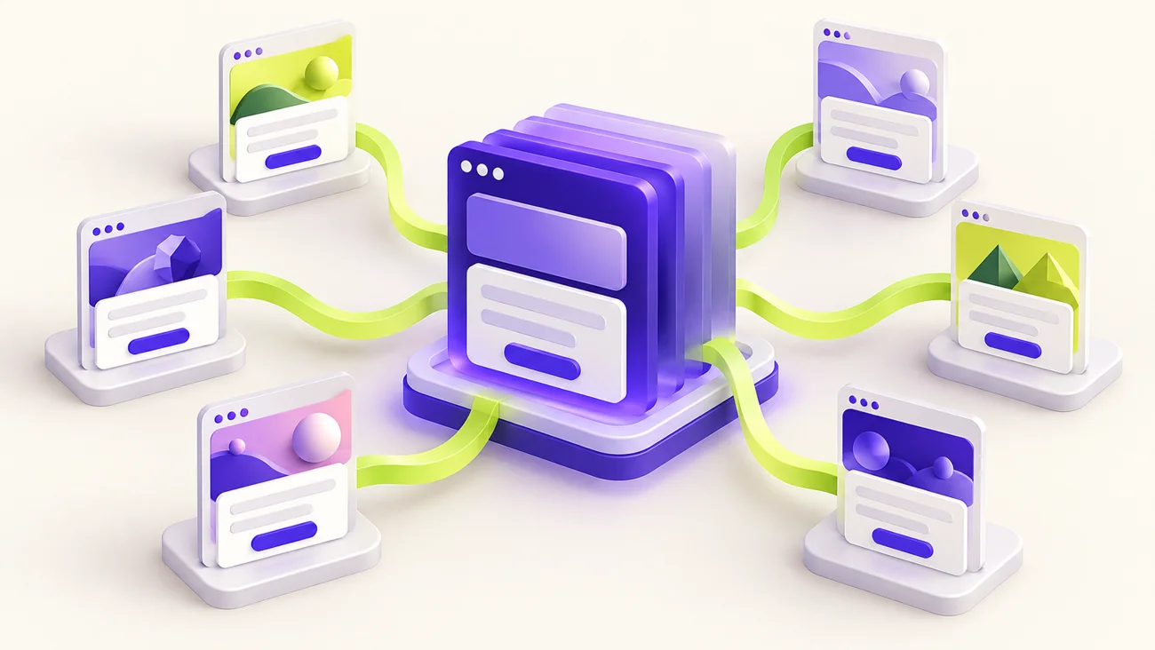 One purple WordPress form hub connected to multiple static campaign pages